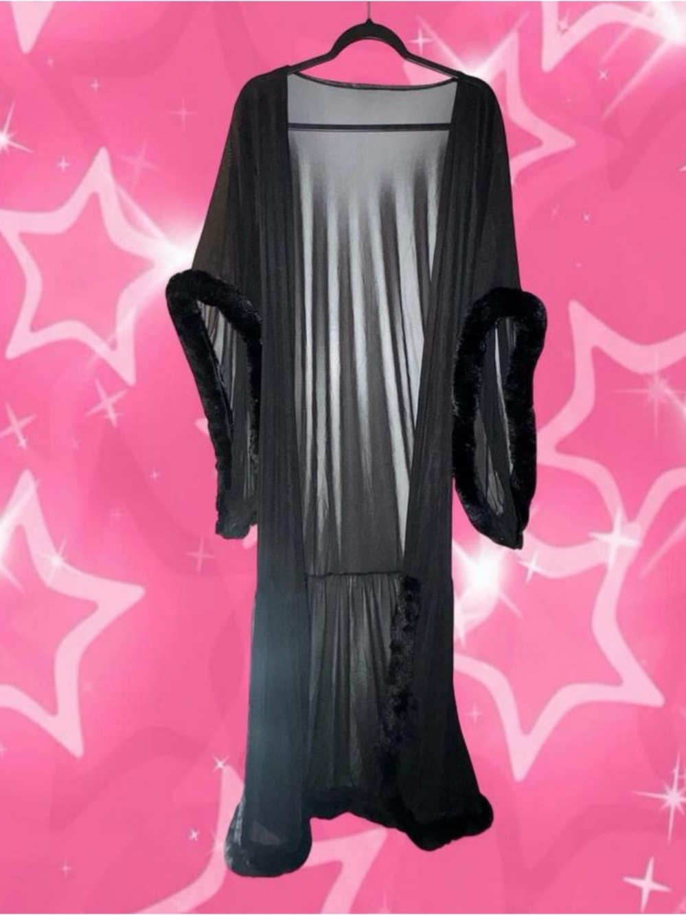 Sheer Black Long Lounge Robe with Faux Fur Trim